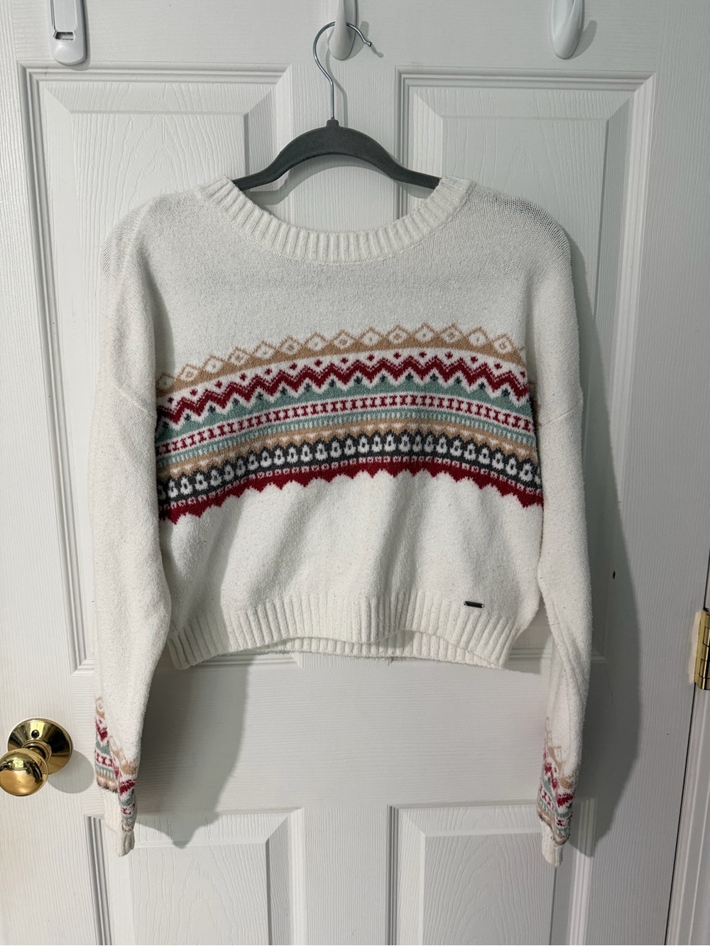 Cozy White Fair Isle Crewneck cropped Sweater